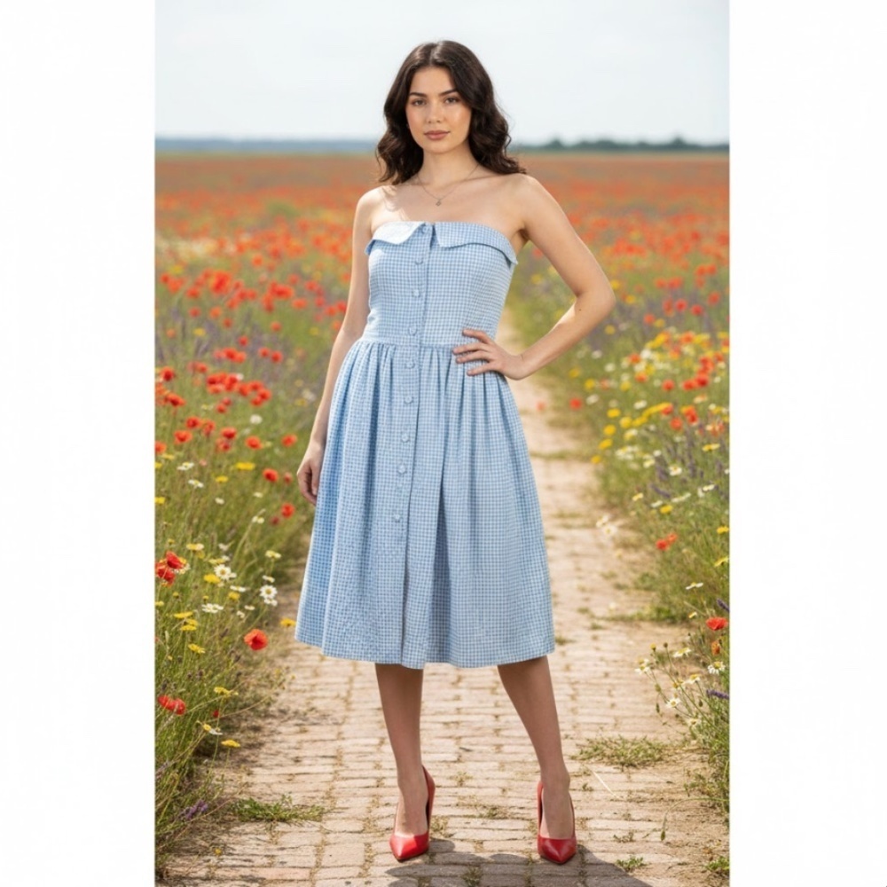 VTG Kate Warner Blue Plaid Gingham Strapless Dress 10 Dorothy Cottage Coquette